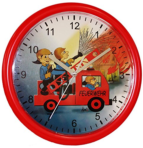 Eurotime Kinder Wanduhr Feuerwehr, kein Ticken, schleichende Sekunde (geräuscharm) 25 cm; 80025-01 von Eurotime