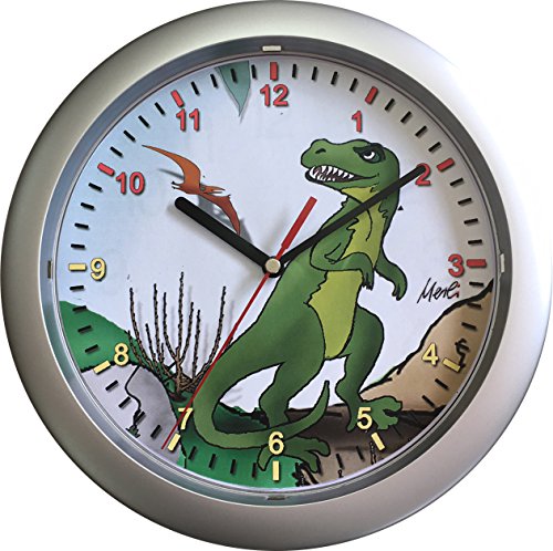 Eurotime Kinderwanduhr, 25 cm, Kunststoffgehäuse Silber, Kunststoffglas, Motiv Dinosaurier, geräuscharmes Uhrwerk, kein Ticken, Wanduhr für KInderzimmer, Schwarze Zeiger, rote Sekunde; 80050 von Eurotime