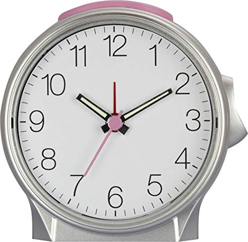 Eurotime Quartzwecker mit verschiedenfarbigen Taste und Zeigern, Kunststoffgehäuse und Kunststoffglas, geräuscharmer Wecker, kein Ticken, mit Licht und Weckwiederholung (rosa) von Eurotime