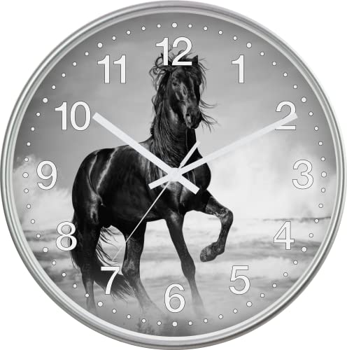 Eurotime Quarzwanduhr, 30 cm, Kunststoffgehäuse Silber, Echtglasabdeckung, klares 12-Zahlen Zifferblatt mit Pferdemotiv, geräuscharmes Uhrwerk, kein Ticken, Wanduhr für Kinderzimmer, 82708-07 von Eurotime