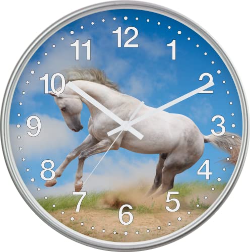 Eurotime Quarzwanduhr, 30 cm, Kunststoffgehäuse Silber, Echtglasabdeckung, klares 12-Zahlen Zifferblatt mit Pferdemotiv, geräuscharmes Uhrwerk, kein Ticken, Wanduhr für Kinderzimmer, 82710-07 von Eurotime