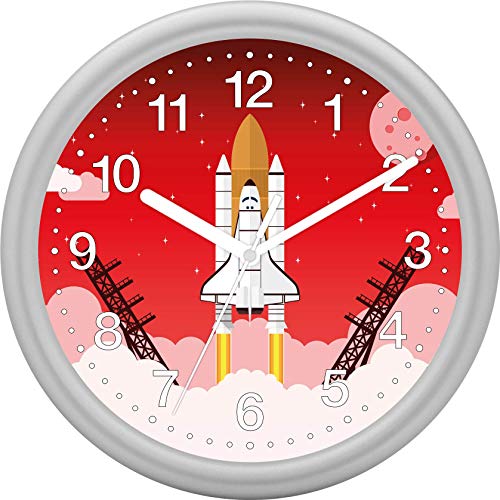 Eurotime Wanduhr für Jungen mit Rakete Space Shuttle, Silber, Quarzwanduhr, 25 cm, Kunststoffgehäuse und Kunststoffglas, 12-Zahlen Zifferblatt, geräuscharme Uhr, kein Ticken, 82133-07 von Eurotime