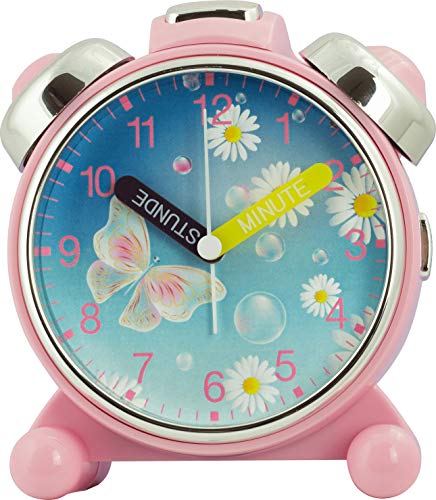 Eurotime Wecker für Mädchen mit Schmetterling, Rosa, Kinderwecker, Kunststoffglas, geräuscharmer Wecker, kein Ticken, mit Licht, Weckwiederholung, Glocken,- oder Melodie-Alarm wählbar, 24050-22 von Eurotime