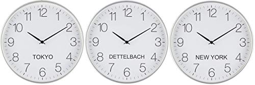 Eurotime Weltzeituhr Quarz 30 cm Kunststoffgehäuse Silber, Städtenamen frei gestaltbar, geräuscharmes Werk, kein Ticken, für Büro, Haushalt, Hobbyraum, Hotel etc; DREI Uhren im Set, 82800-07W3 von Eurotime