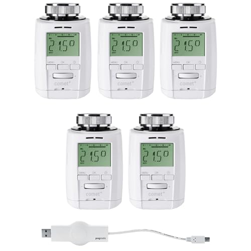 Eurotronic Comet Plus Heizkörperthermostat Set - Intelligente Heizungssteuerung für 5 Heizkörper inkl. PROGmatic-Stick für Programmierung am PC von Eurotronic