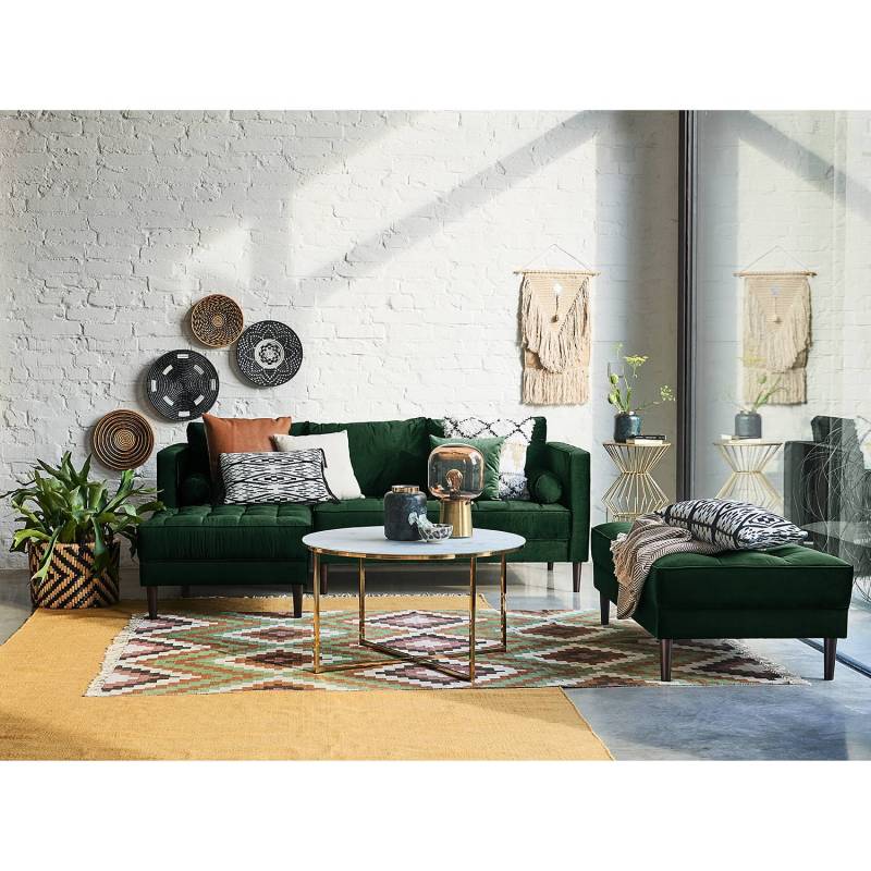home24 Ecksofa Grün/Dunkelgrün Samt Pauno 204 x 80 x 155cm Longchair davorstehend links mit Hocker Glamour von home24