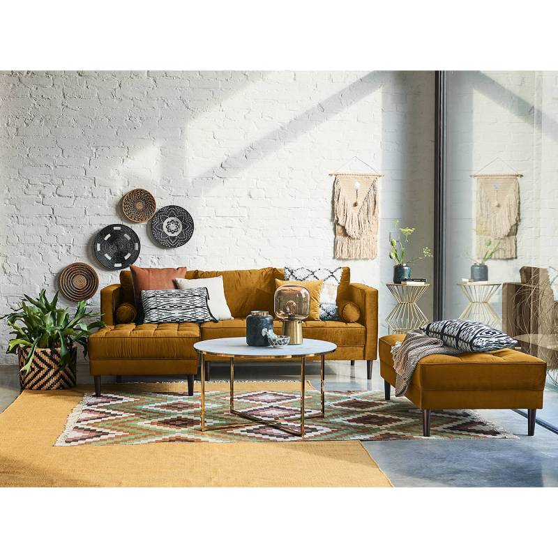 home24 Ecksofa Gelb/Honig Samt Pauno 204 x 80 x 155cm Longchair davorstehend links mit Hocker Glamour von home24