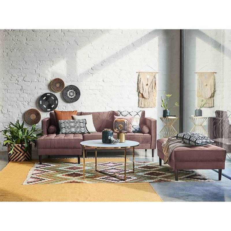 home24 Ecksofa Pink/Violett/Mauve Samt Pauno 204 x 80 x 155cm Longchair davorstehend links mit Hocker Glamour von home24