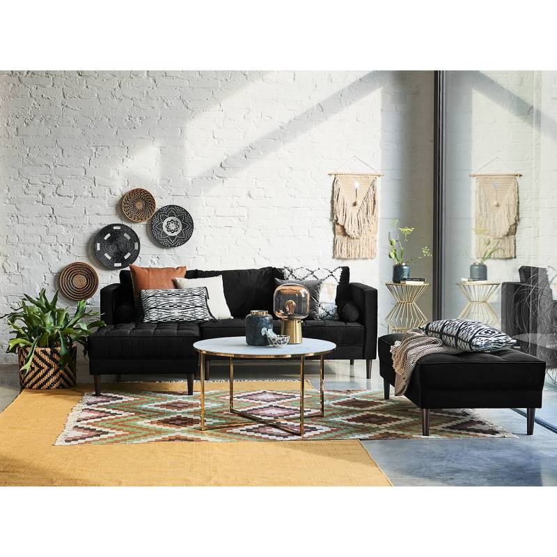 home24 Ecksofa Schwarz/Schwarz Samt Pauno 204 x 80 x 155cm Longchair davorstehend links mit Hocker Glamour von home24
