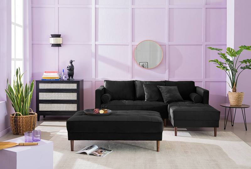 home24 Ecksofa Schwarz/Schwarz Samt Pauno 204 x 80 x 155cm Longchair davorstehend rechts mit Hocker Glamour von home24