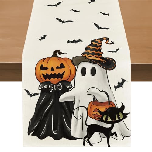 Evadollina Halloween Tischläufer, Halloween Table Runner, Gespenst Deko Leinen Abwaschbare Tischläufer, für Küche, Bar, Esstisch, 183 * 33 cm Kürbis Table Runner (Typ C) von Evadollina