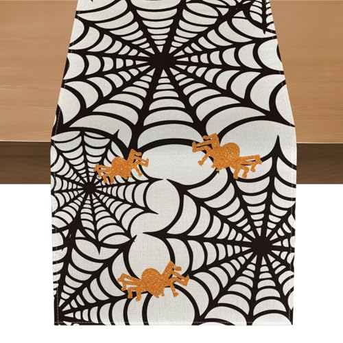 Evadollina Halloween Tischläufer, Halloween Table Runner, Spinnennetze Deko Leinen Abwaschbare Tischläufer, für Küche, Bar, Esstisch, 183*33 cm Kürbis Table Runner (Typ A) von Evadollina