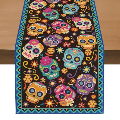 Evadollina Halloween Tischläufer, Halloween Table Runner, Totenkopf Blumen Deko Leinen Abwaschbare Tischläufer, für Küche, Bar, Esstisch, 183*33 cm Kürbis Table Runner (Typ A) von Evadollina