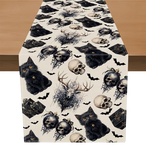 Evadollina Halloween Tischläufer, Halloween Table Runner, Totenkopf Deko Leinen Abwaschbare Tischläufer, für Küche, Bar, Esstisch, 183*33 cm Kürbis Table Runner (Typ A) von Evadollina