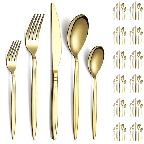 Evanda Gold Besteckset 60 Stück Service für 12, Titan vergoldetes Edelstahl modernes Besteckset, Messer Gabeln Löffel Set für Hochzeit, Partys, Geburtstag, Restauroom, spülmaschinenfest von Evanda