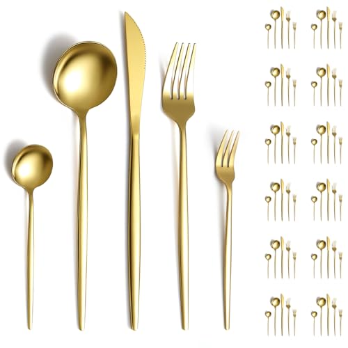 Evanda Gold Bestecksets 60 Stück Service für 12, Titanium Gold plated Edelstahl Besteck Set, Messer Gabeln Löffel Besteck Set für Hochzeit, Partys, Geburtstag, Restauroom, spülmaschinenfest von Evanda