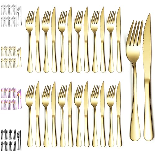 Evanda Gold Steakbesteck 24 teilig, Gold Titanbeschichtung Edelstahl 12 Tafelgabeln und 12 Tafelmesser Set, Steakmesser Steakgabeln, spülmaschinenfest von Evanda