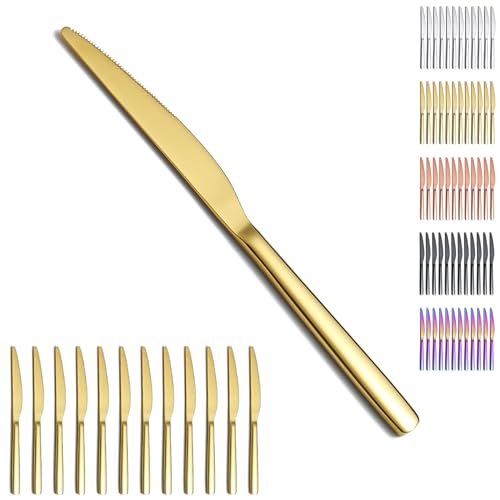 Evanda Gold Tafelmesser Set 12 Stück, Titanium Plating Gold Edelstahl Abendessen messer Steakmesser, Besteck Buttermesser Messer Set Silberbesteck Set, spülmaschinenfest von Evanda