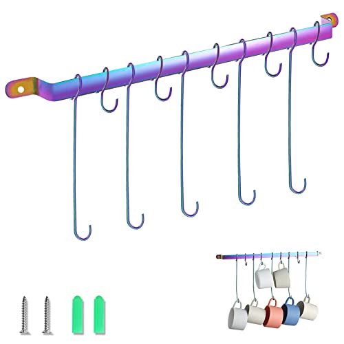 Evanda Kaffeetassenhalter, Regenbogen Titan Überzug Becher Halter Wand Rack, für Küche Esszimmer, Wand montiert Küche Schiene mit 5 langen Haken und 5 kurze Haken. von Evanda