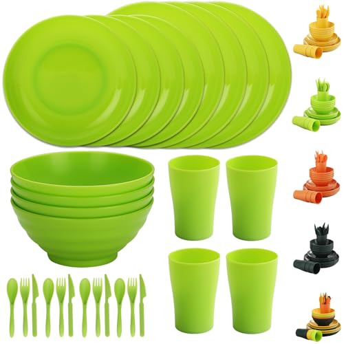 Evanda Plastic Dinnerware Set 28 Stück, wiederverwendbare leichte Becher, Schüsseln, Teller, Messer, Gabeln, Löffel für Camping Picknicks und den täglichen Gebrauch, spülmaschinenfest (Hellgrün) von Evanda