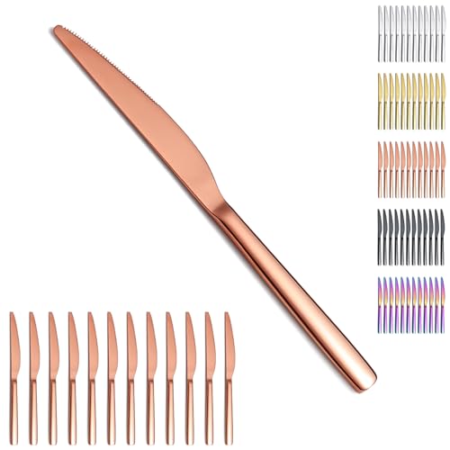 Evanda Roségold Tafelmesser Set 12 Stück, Titanium Plating Rose Gold Edelstahl Abendessen messer Steakmesser, Besteck Buttermesser Messer Set Silberbesteck Set, spülmaschinenfest von Evanda