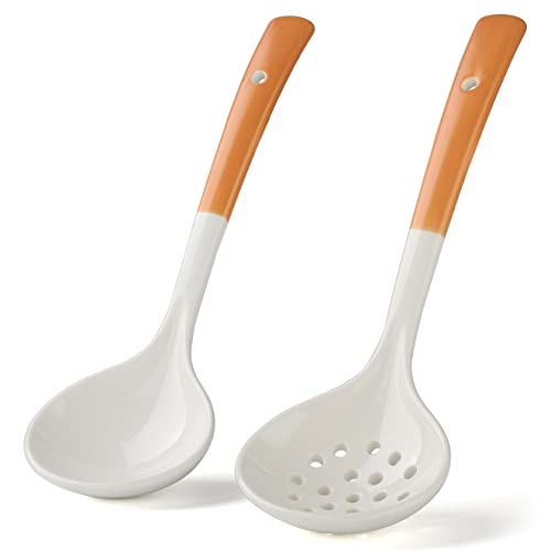 Keramik Schöpflöffel 2er Set Große Suppenkelle mit Schaumlöffel Schlitzlöffel Küchenkelle Hot Pot Sieb Löffel zum Kochen Servieren Rühren (Stil 1#) von Evannt