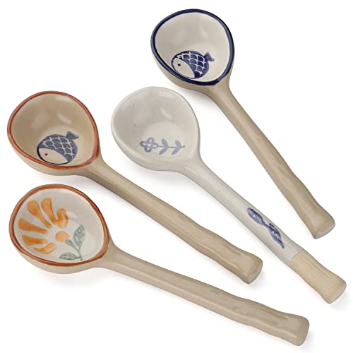 Porzellan Suppenlöffel 4er Set Langer Griff Japanische Runde Suppenlöffel Handbemalt Asiatisch Suppenlöffel für Ramen Pho Miso Reis (Modell 1#) von Evannt