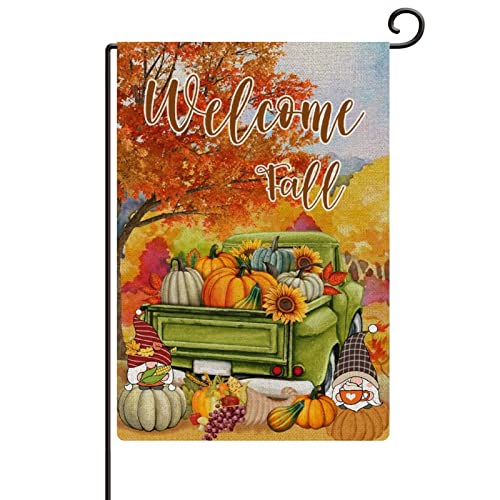 Gartenflagge Willkommen Herbst Kürbis Zwerg Hausflagge Grün LKW Ahornblatt 30,5 x 45,7 cm Liebe Herbst Jute doppelseitig Festival Willkommen Haus Flagge Banner für dekorative Gartenflaggen Frühling von Evans1nism