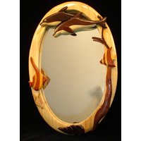 Wunderschön Handgefertigter 3 Dimensionaler Intarsia Holzkunst Dolphin Mates Holzwandspiegel von EvansWorkshopStore