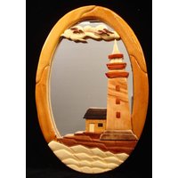 Wunderschön Handgefertigter 3 Dimensionaler Intarsia Holzkunst Leuchtturm Holz Wandbehang Spiegel von EvansWorkshopStore