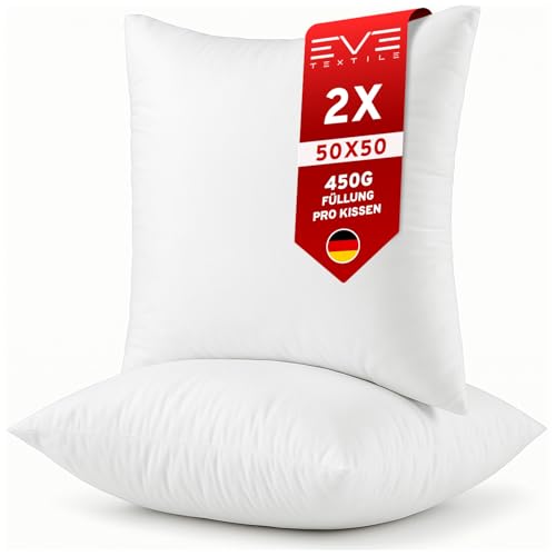 EVE Textile® Kissen; 2er Set Kissenfüllung 50x50 cm; Bis 60° Waschbar Atmungsaktives Kopfkissen Innenkissen; Dekokissen, Sofakissen Kisseninlett & Bettkissen Microfaserfüllung & Reißverschluss von Eve Textile GmbH