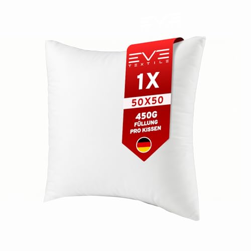 EVE Textile® Kissen; Bis 60° Waschbar Atmungsaktives Kopfkissen Innenkissen; Dekokissen, Sofakissen Kisseninlett & Bettkissen mit Flauschiger Microfaserfüllung & Reißverschluss (1er Set, 50 x 50 cm) von Eve Textile GmbH