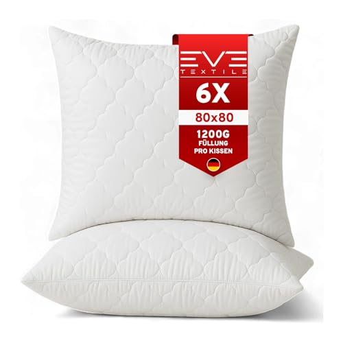 EVE Textile® 6er Set Kopfkissen 80x80 cm ergonomisches Steppkissen Allergiker Kissen, waschbar, Atmungsaktiv, Öko-Tex 100, Schlafkissen Bettkissen mit Reißverschluss, Pillow Schlaf- & Dekokissen von Eve Textile GmbH