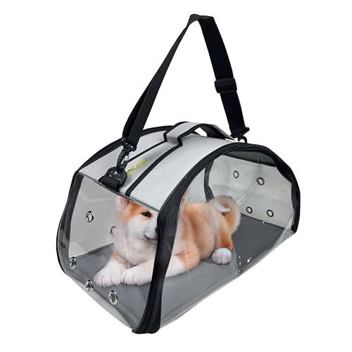 EVE Textile Hunde Tragetasche | Katzen Tragetasche | Hundetasche | Katzentasche | Hunde Umhängetasche | Katzen Umhängetasche | Atmungsaktive Tasche | Transparente Handtasche | 47x30x30 cm in Hellgrau von Eve Textile GmbH