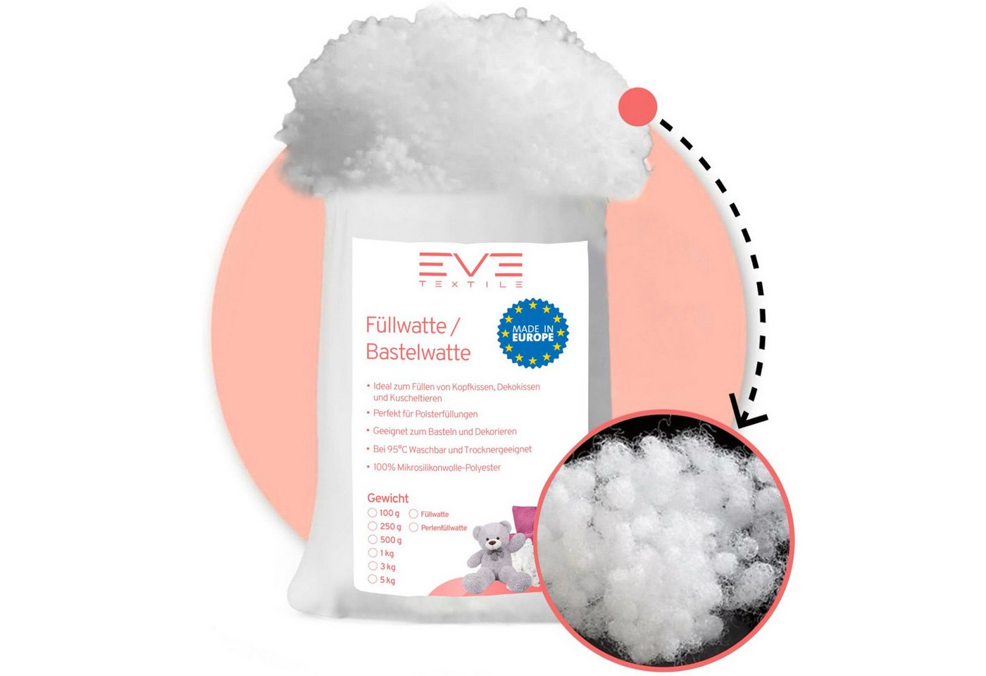 Eve Textile GmbH Kissenfüllung Füllwatte Weich Polyester Füllung Kissen Kuscheltiere DIY-Projekte, Perlenfüllwatte Formstabil Waschbar & Hypoallergen Trocknergeeignet von Eve Textile GmbH