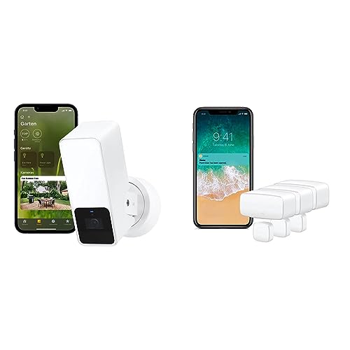Eve Outdoor Cam (White Edition) – Smarte Überwachungskamera & Door & Window 3er Set – Smarter Kontaktsensor für Türen & Fenster von Eve