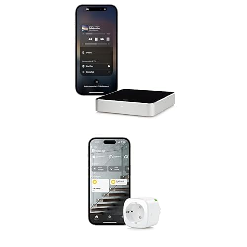 Eve Play – Audiostreaming Adapter für AirPlay, Automatischer Latenzausgleich, Leistungsstarker Digital-Analog-Wandler, Apple Home+ Eve Energy (Matter) Smarte Steckdose mit Verbrauchsmessung von Eve
