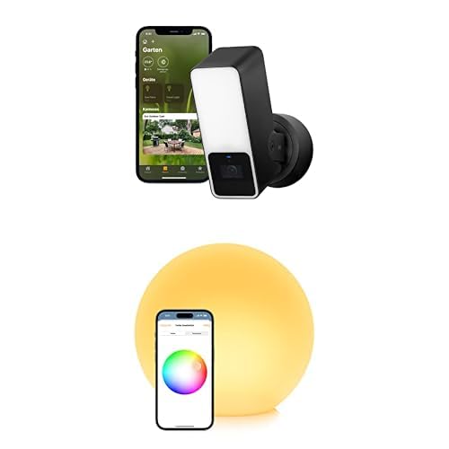 Eve Smartes Gartenambiente Outdoor Cam – Smarte Überwachungskamera mit Flutlicht, Nachtsicht, Flare – Tragbare smarte LED-Kugelleuchte, wasserbeständig, weißes & farbiges Licht von Eve