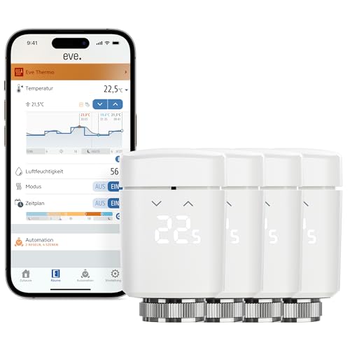 Eve Thermo (Matter) 4er Pack: Smartes Heizkörperthermostat, LED-Display mit Touch-Bedienfeld, Heizkosten sparen, Apple Home, Amazon Alexa, Samsung SmartThings, Google Home, Ben. Thread Border Router von Eve