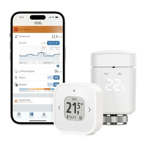 Eve Thermo – Raumkomfort-Set für Räume mit 1 Heizkörper, inkl. 1 Eve Thermo Control, für Apple Home, Matter/Thread, benötigt Apple TV 4K (2. Gen./3. Gen. 128 GB), HomePod (2. Gen.) oder HomePod Mini von Eve