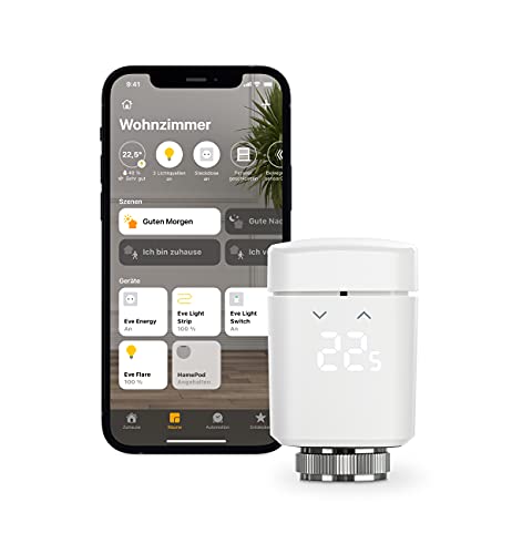 Eve Thermo (Apple Home) - Smartes Heizkörperthermostat, spart Heizkosten, moderne Heizungssteuerung (App/Zeitpläne/Anwesenheit), einfach installiert, für gängige Heizkörperventile, Bluetooth/Thread von Eve