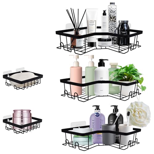 Evenpop Duschregal ohne Bohren, 3 Regale, 2 Seifenhalter, Schwarz, Minimalistisch, Eckenmontage, Edelstahl, Einfache Installation von Evenpop