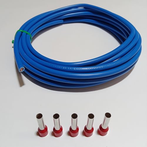 Verdrahtungsleitung 10mm² - schwarz, grau, braun, blau, grün/gelb - H07V-K PVC-Einzelader - Aderleitung feindrähtig flexibel (2-100m) inkl. 5 Aderendhülsen (blau, 15 Meter) von Event-Kabel & more