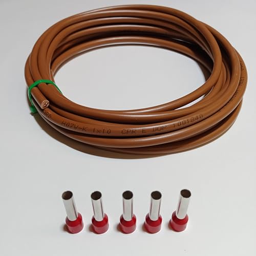 Verdrahtungsleitung 10mm² - schwarz, grau, braun, blau, grün/gelb - H07V-K PVC-Einzelader - Aderleitung feindrähtig flexibel (2-100m) inkl. 5 Aderendhülsen (braun, 20 Meter) von Event-Kabel & more