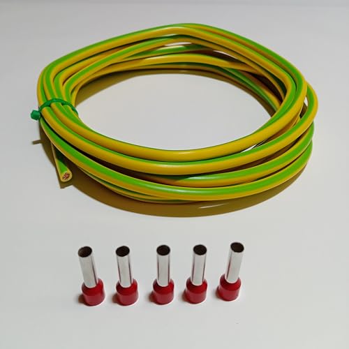 Verdrahtungsleitung 10mm² - schwarz, grau, braun, blau, grün/gelb - H07V-K PVC-Einzelader - Aderleitung feindrähtig flexibel (2-100m) inkl. 5 Aderendhülsen (grün/gelb, 2 Meter) von Event-Kabel & more