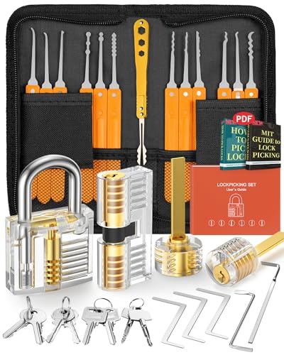 EVENTRONIC Lockpicking Set, 32 Stück Dietrich Set mit 4 Transparentem Trainingsschlössern und Handbuch Das perfekte Lock Pick Set für Anfänger und Profis Schlosser, Orange von Eventronic