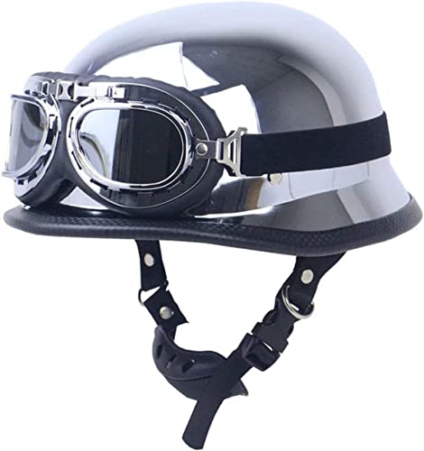 Deutscher Motorrad-Halbhelm Mit Offenem Gesicht, DOT ECE-geprüft, ABS-Schale, Vintage-Helme Mit Pilotenbrille, Spiegel, Silber, Chrom, Chopper, Scooter, Moped, Moto-Helme Für Männer Und Frauen (S-XXL) von Ever TA