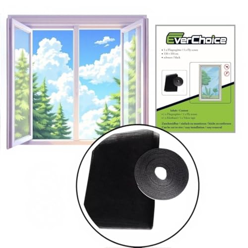 EverChoice Fliegengitter für Fenster 2er Set | 150x180 cm schwarz | Polyester | Insektenschutz ohne Bohren | Fliegennetz mit Klettband | Zuschneidbar | Mückennetz von EverChoice