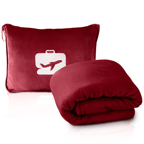 EverSnug Reisedecke und Kissen – weiche 2 in 1 Flugzeugdecke mit weichem Taschen-Kissenbezug, Handgepäckhülle und Rucksackhalterung (Burgunderrot) von EverSnug
