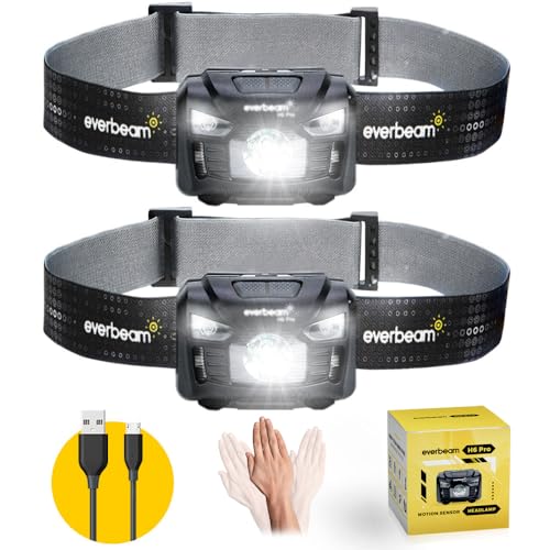 Everbeam H6 Pro LED-Stirnlampe mit Bewegungssensor, 650 Lumen, 20 Stunden Laufzeit, 1200 mAh Akku, wiederaufladbar, wasserdicht, USB-Kopflampe, Taschenlampe, für Camping, Wandern, Angeln, Handwerker von Everbeam